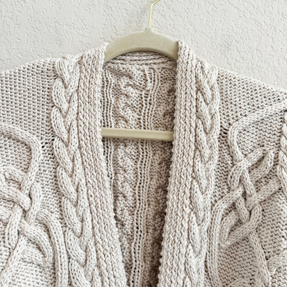 Chunky Cable Knit Open Front Cardigan Beige Cream‎ Oversized Boxy Sweater Womens - Picture 2 of 11